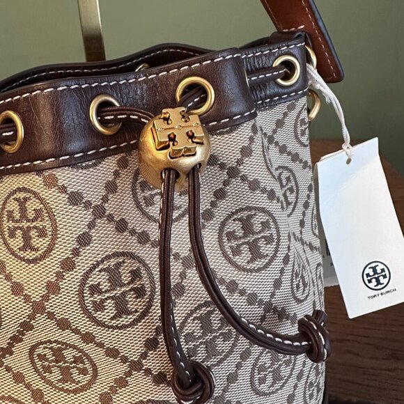 NWT! NEW Tory Burch T Monogram Jacquard Mini Bucket Bag -Tan -leather trim - Picture 3 of 14